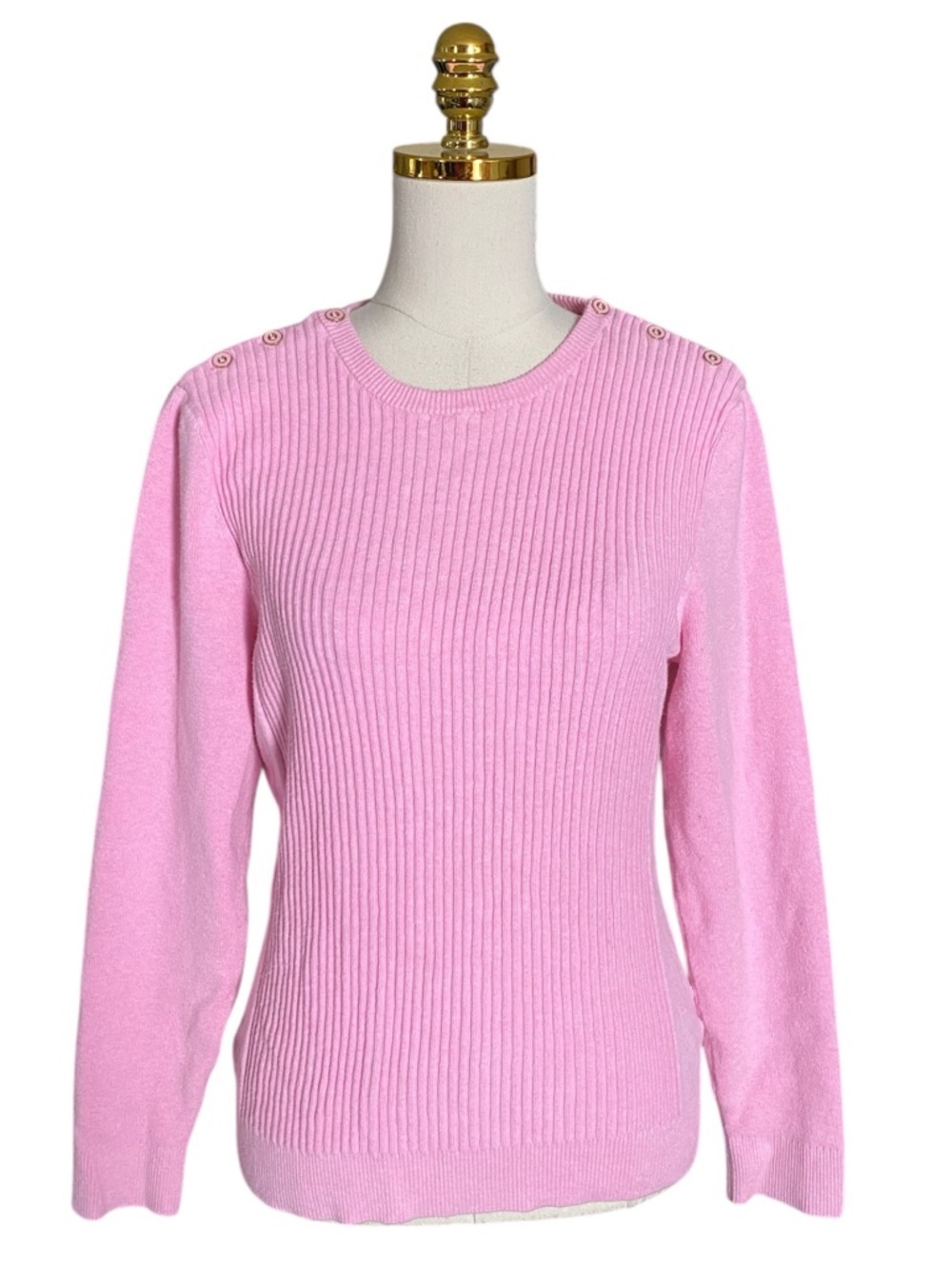 J.McLaughlin Women's Pink Ribbed Long Sleeve Crewneck Button-Shoulder Sweater L